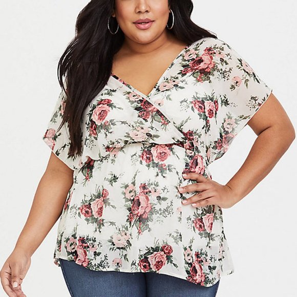 torrid Tops - TORRID Ivory Floral Faux Wrap Babydoll Top
